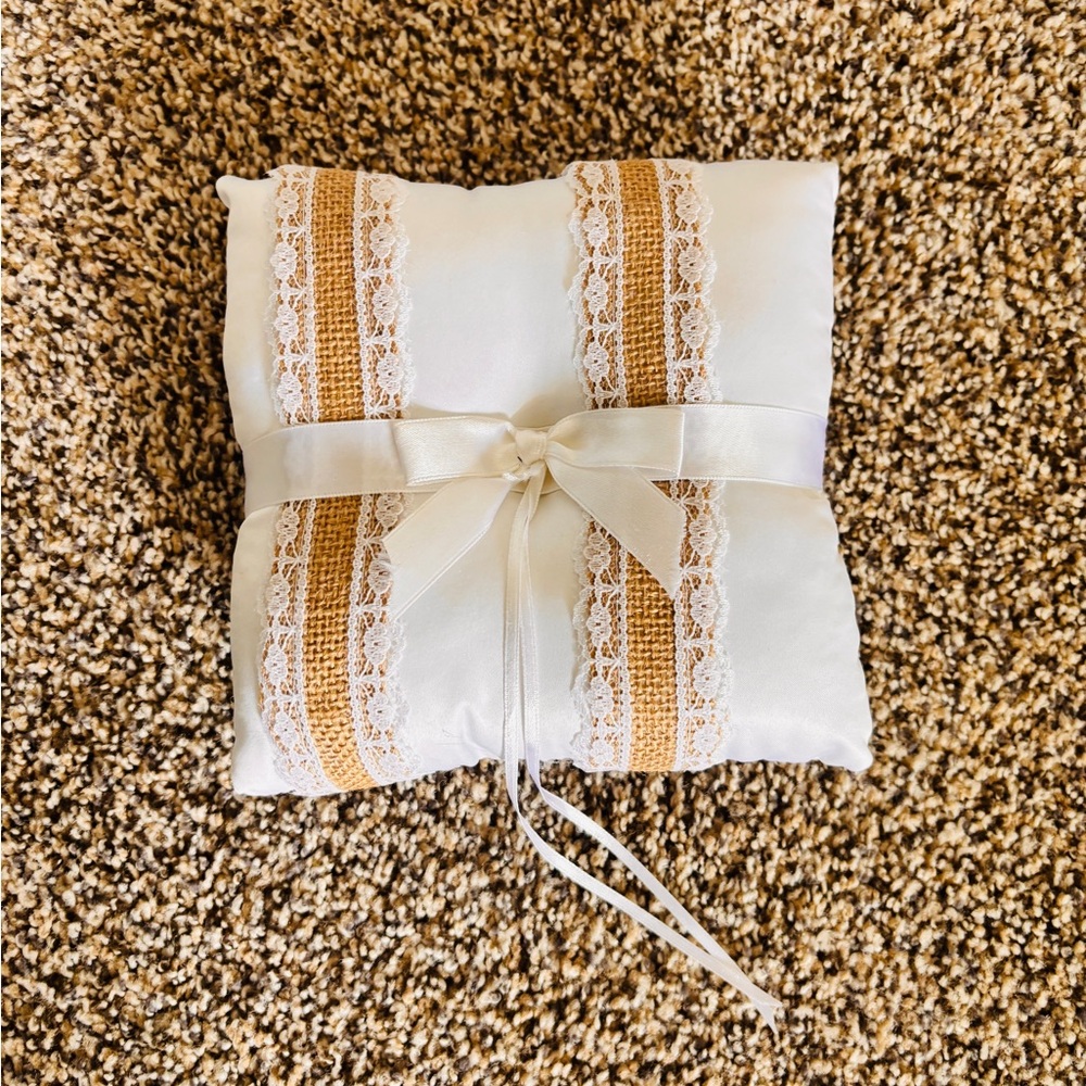Burlap and white ringbearer pillow.